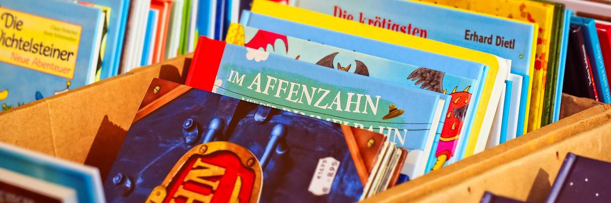 Auswahl an Bilderbüchern in einer Bücherkiste