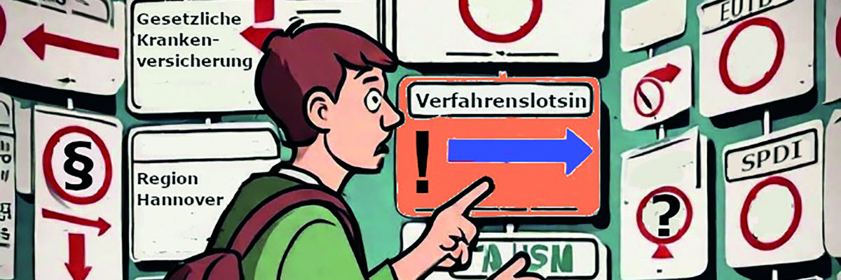 Eine Person steht in einem Raum, der mit vielen Infoschildern ausgestattet ist.