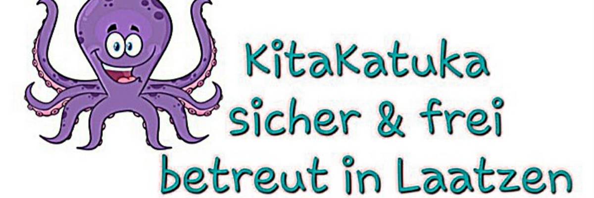 Das Logo der KitaKatuka zeigt links eine lilane Krake mit 8 Armen und einem lachenden Gesicht. Rechts daneben steht in türkiser Schrift KitaKatuka sicher und frei betreut in Laatzen