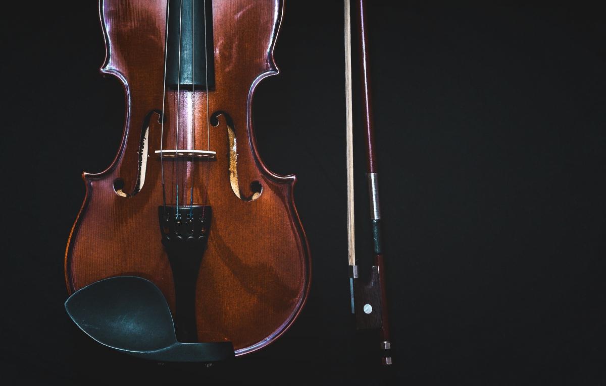 Eine braune Violine, die vor einem dunklen Hintergrund aufgestellt ist.