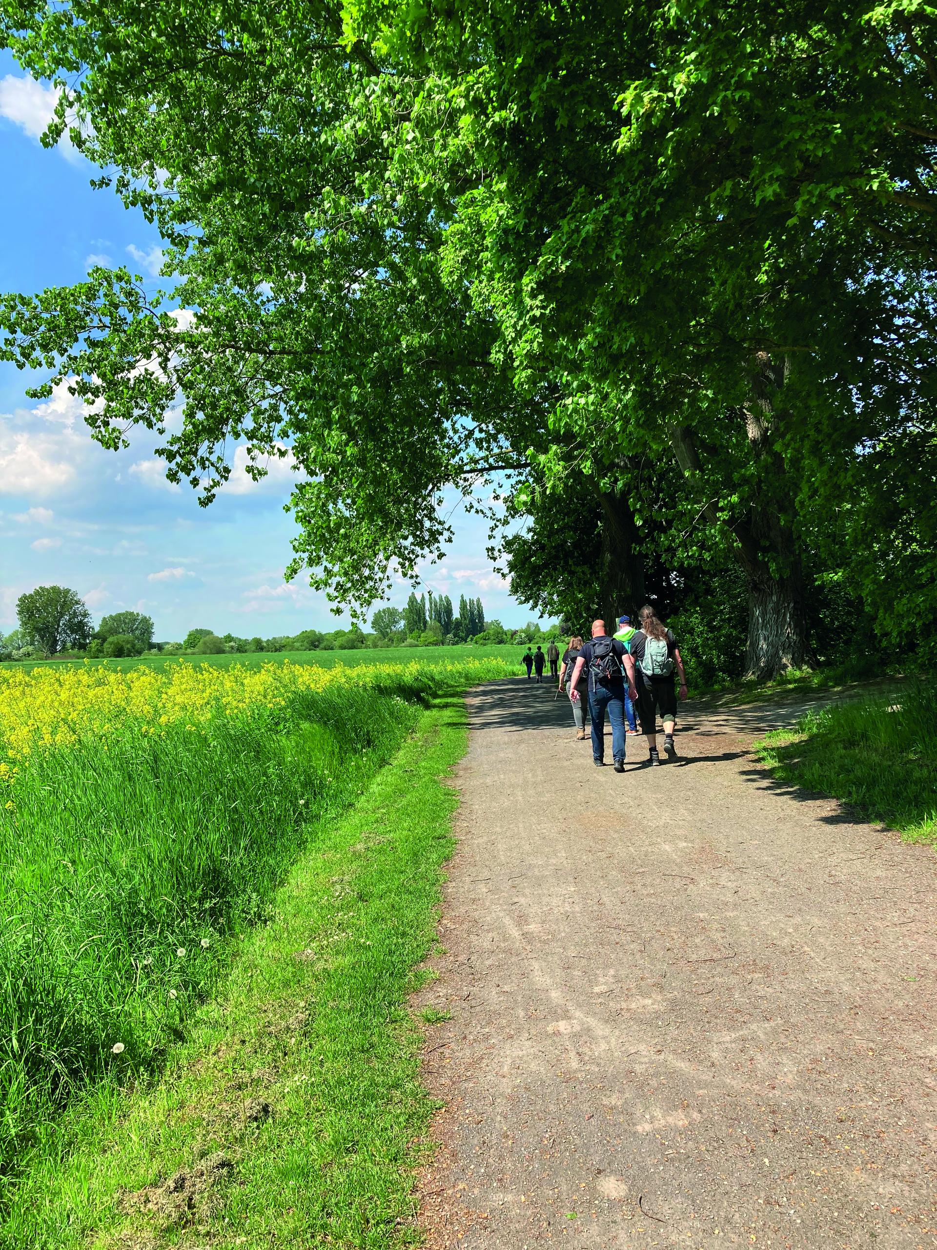 Der Bürgermeister und Bürgerinnen und Bürger wandern über einen Feldweg