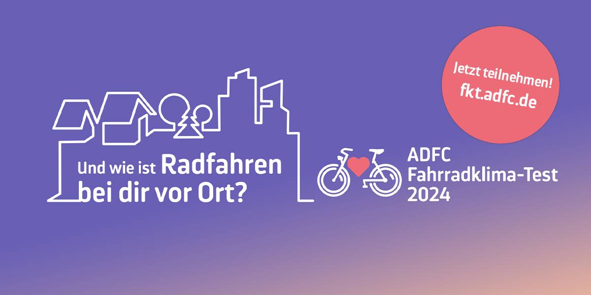 Stadtsilhouette mit dem Titel Und wie ist Fahrradfahren bei dir vor Ort? auf lila Grund