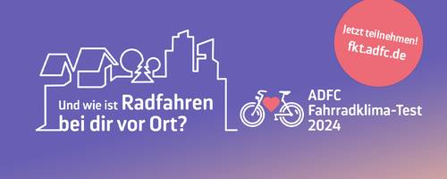 Stadtsilhouette mit dem Titel Und wie ist Fahrradfahren bei dir vor Ort? auf lila Grund