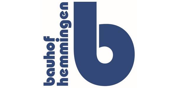 Vertikaler Schriftzug bauhof hemmingen mit zusätzlichem großen "b" in blauer Schriftfarbe